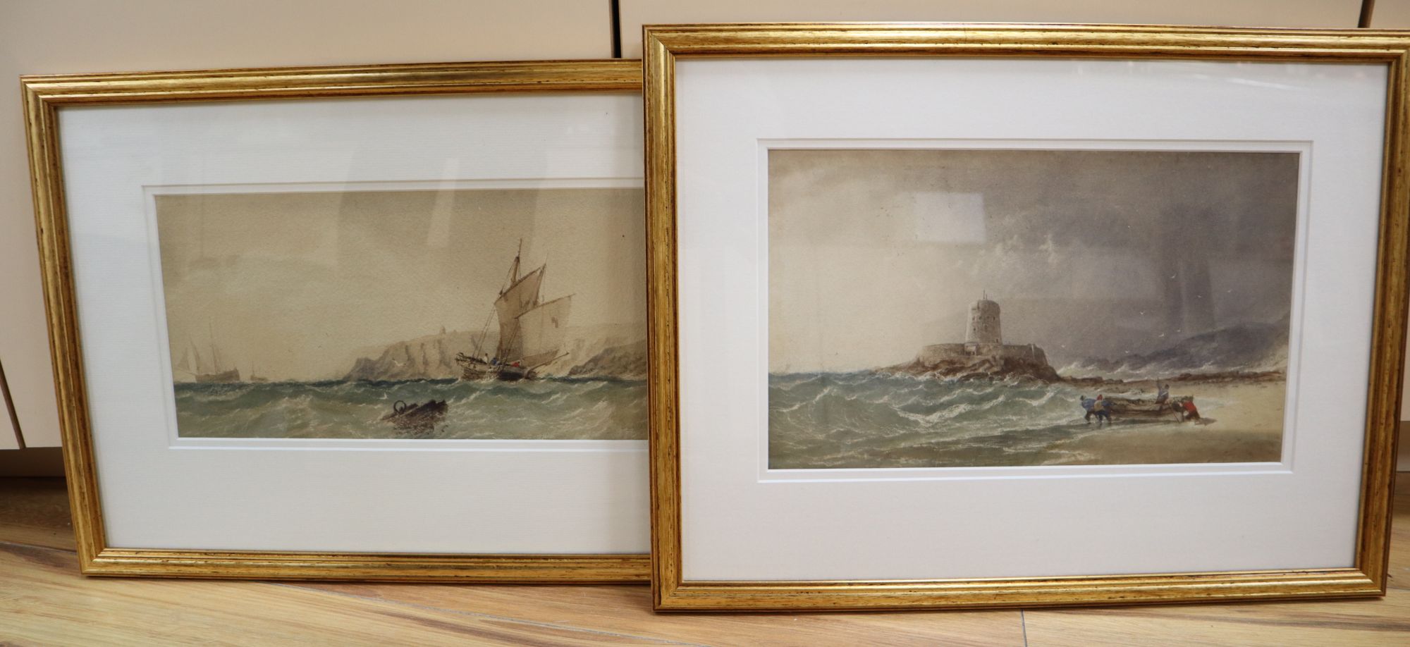 19th century English School, two watercolours, Fishermen along the coast, 17.5 x 42cm and 21 x 36cm